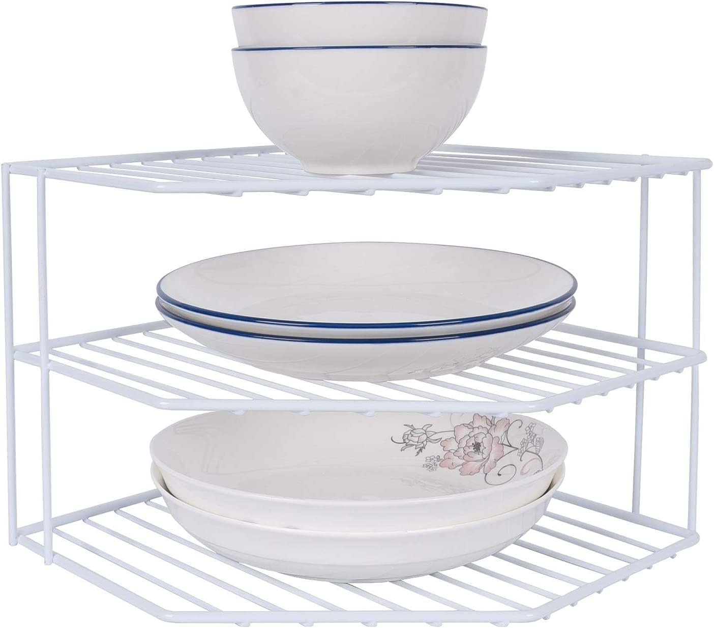 3-Tier Corner Shelf Counter and Cabinet Organizer -Countertop Organizer – Cabinet Corner Rack for Plate – Cabinet & Pantry Kitchen Organization (White)