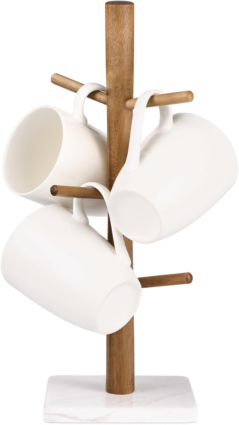 Buruis Wood Mug Holder, Marble Base Cup Rack Tree, Cup Stand Hanger, Kitchen Coffee Mug Tree Countertop Tea Cups Holder Stand, Coffee Mugs Dryer with 6 Hooks, White