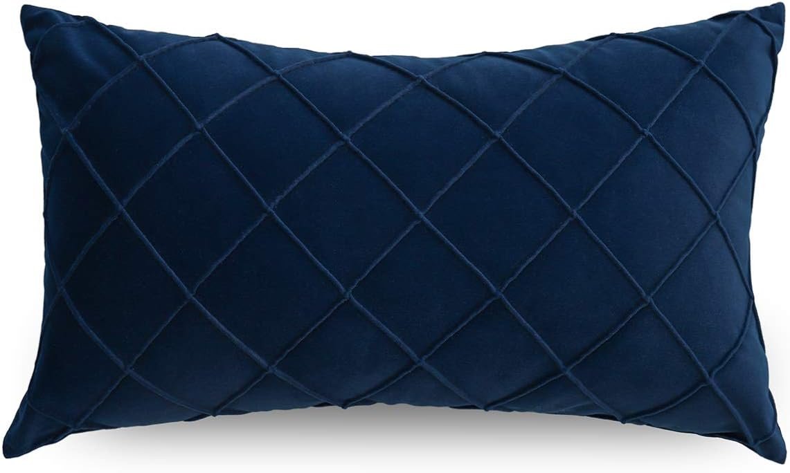 PLWORLD Blue Lumbar Pillow Cover 12×20 Inch, Pleated Decorative Small Throw Pillow Case, Soft Velvet Textured Cushion Case for Couch Bedroom, 1PC Cover Only No Insert