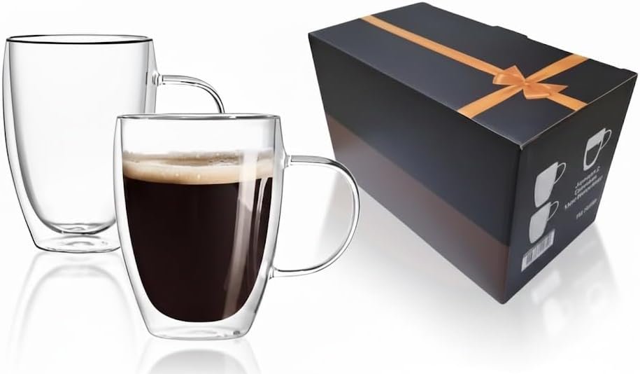 Set of 2 Double Wall Borosilicate Glass Mugs 12oz (360ml) – Insulated, Heat-Resistant, Dishwasher Safe Coffee and Tea Mug Set for Hot & Cold Beverages