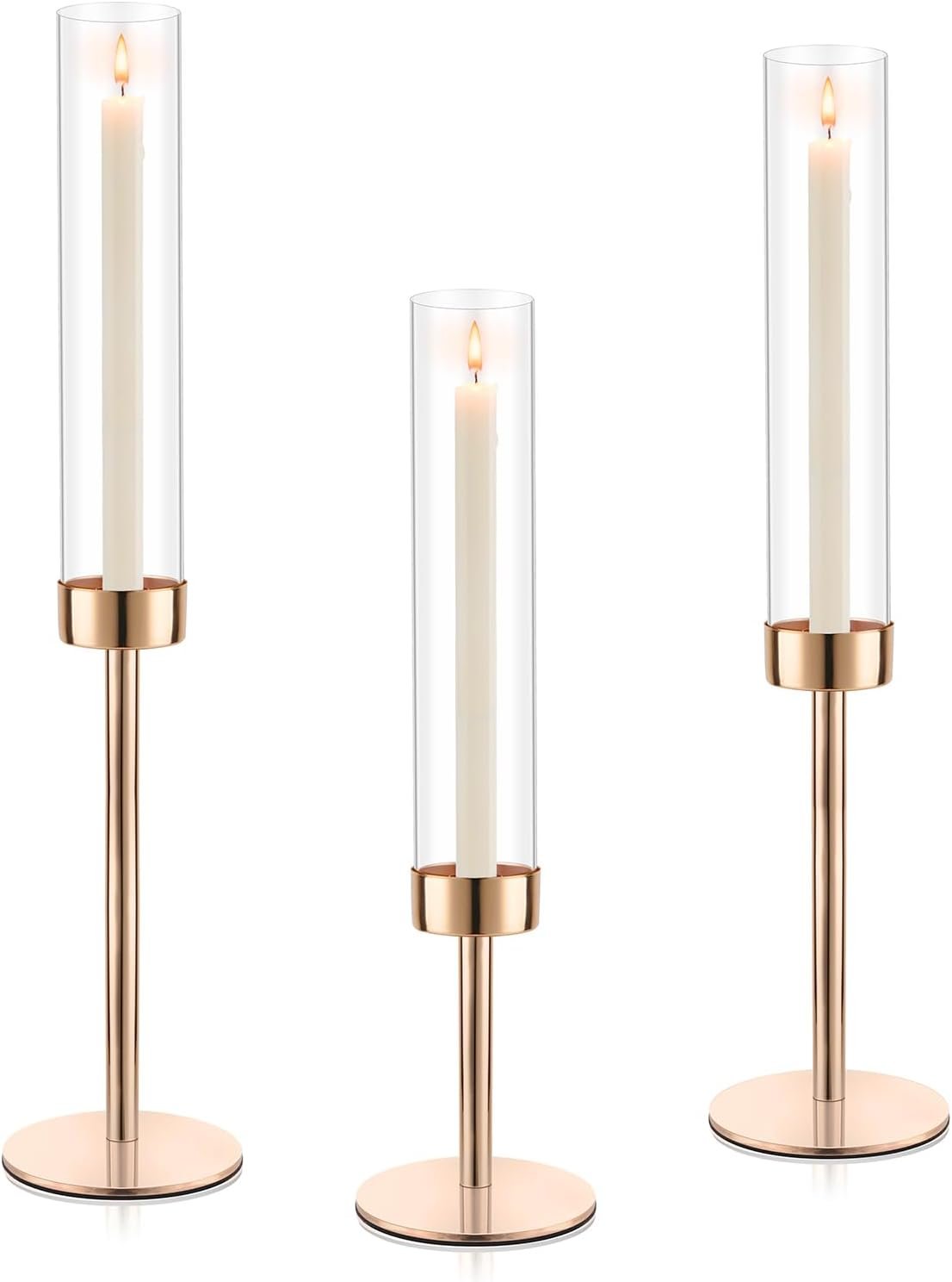 Gold Hurricane Candle Holders, Set of 3 Glass Taper Candlestick Holders Metal Candle Stands Bulk with Glass Cover for Dining Tables Wedding Candelabra Centerpieces Decor