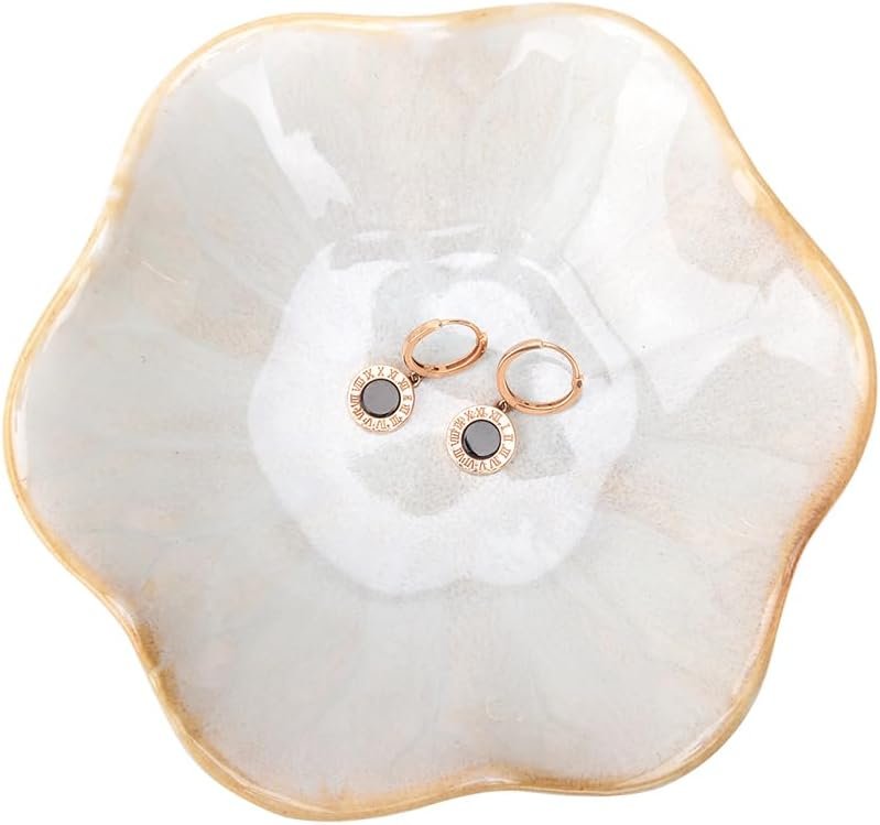 Ceramic Jewelry Dish, Lotus Leaf Decor Ring Tray, Small Key Bowl, Trinket Holder, Catch All Tray for Necklace Earrings, Nightstand Decor for entryway Table Home for Women Mom Friend Sister (Whtie)