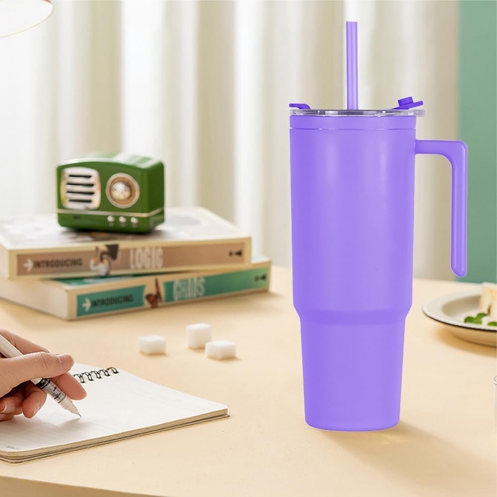 40oz Reusable Plastic Insulated Tumblers with Handle and Straw, Double Wall Tumbler with Lid, Cup Holder Friendly Travel Mug for cold drinks, sand ice, Purple