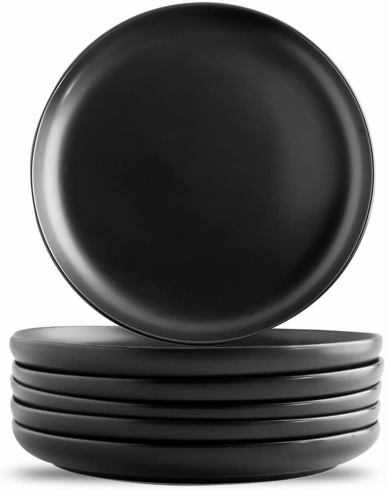 KOOV Ceramic Dinner Plates Set of 6,10.25 inch Large Dinner Plates, Porcelain Plates Set for Salad, Pasta, Kitchen Serving Dish Set, Reactive Glazed (Matte Black)