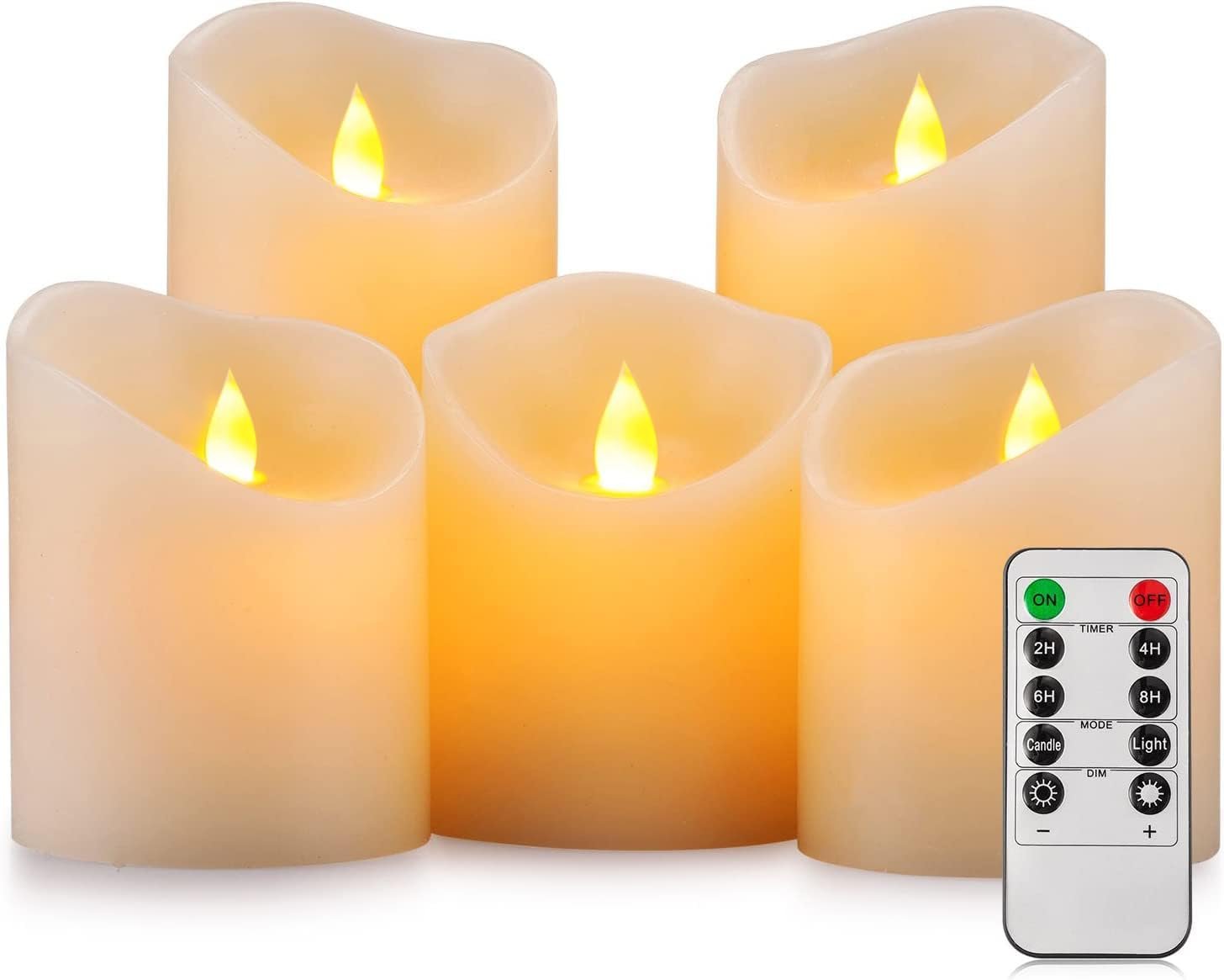 Flameless Candles, Flickering Moving Flame LED Candles Set of 5 (Size: D: 3″ x H: 4″/4″/4″/6″/6″) Pillar Realistic Real Wax Battery Operated Candles with Remote Control 2 4 6 8 Hours Timer