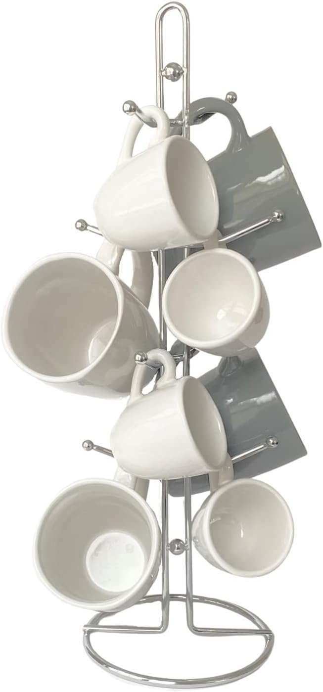 Evelots Coffee Cup Holder for Kitchen Countertop – Tree Hooks Hold 8 Large Mugs – Tea Cup Storage Rack – Sturdy Rust Free Steel – Chrome Finish – Coffee Counter Bar Display, Stand – Come in One Piece