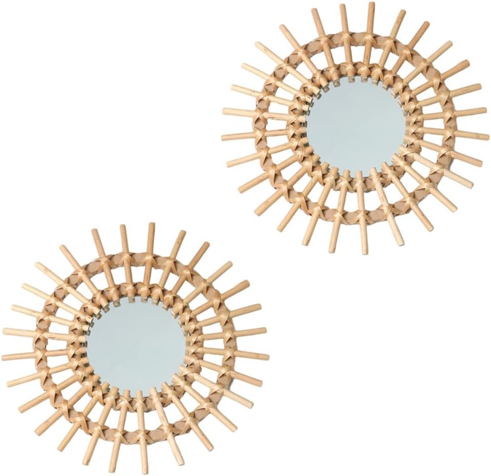 OYPEIP 2 Pack 11″ Rattan Innovative Art Decoration Round Makeup Mirror Dressing Bedroom Bathroom Wall Hanging Mirrors Craft Photo Props…