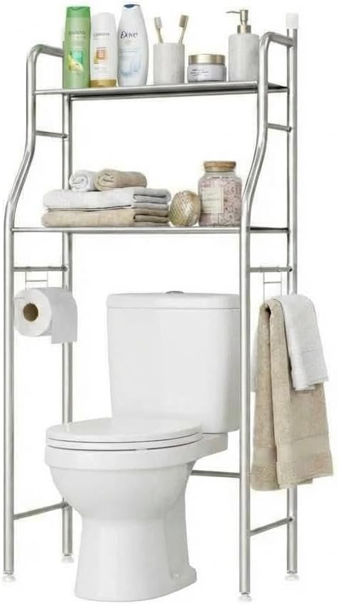 2-Tier over the Toilet Storage, Stainless Steel Bathroom Shelve, Over Toilet Organizer Storage Rack, with Toilet Paper & Towel Holder, Space Saver Freestanding Shelf for Restroom Laundry Balcony