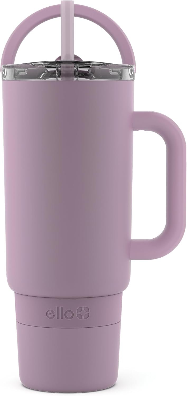 Ello Port 40oz Tumbler with Carry Loop & Integrated Handle, Vacuum Insulated Stainless Steel Reusable Water Bottle, Travel Mug with Leak Proof Lid and Straw, Perfect for Iced Coffee and Tea, Mauve