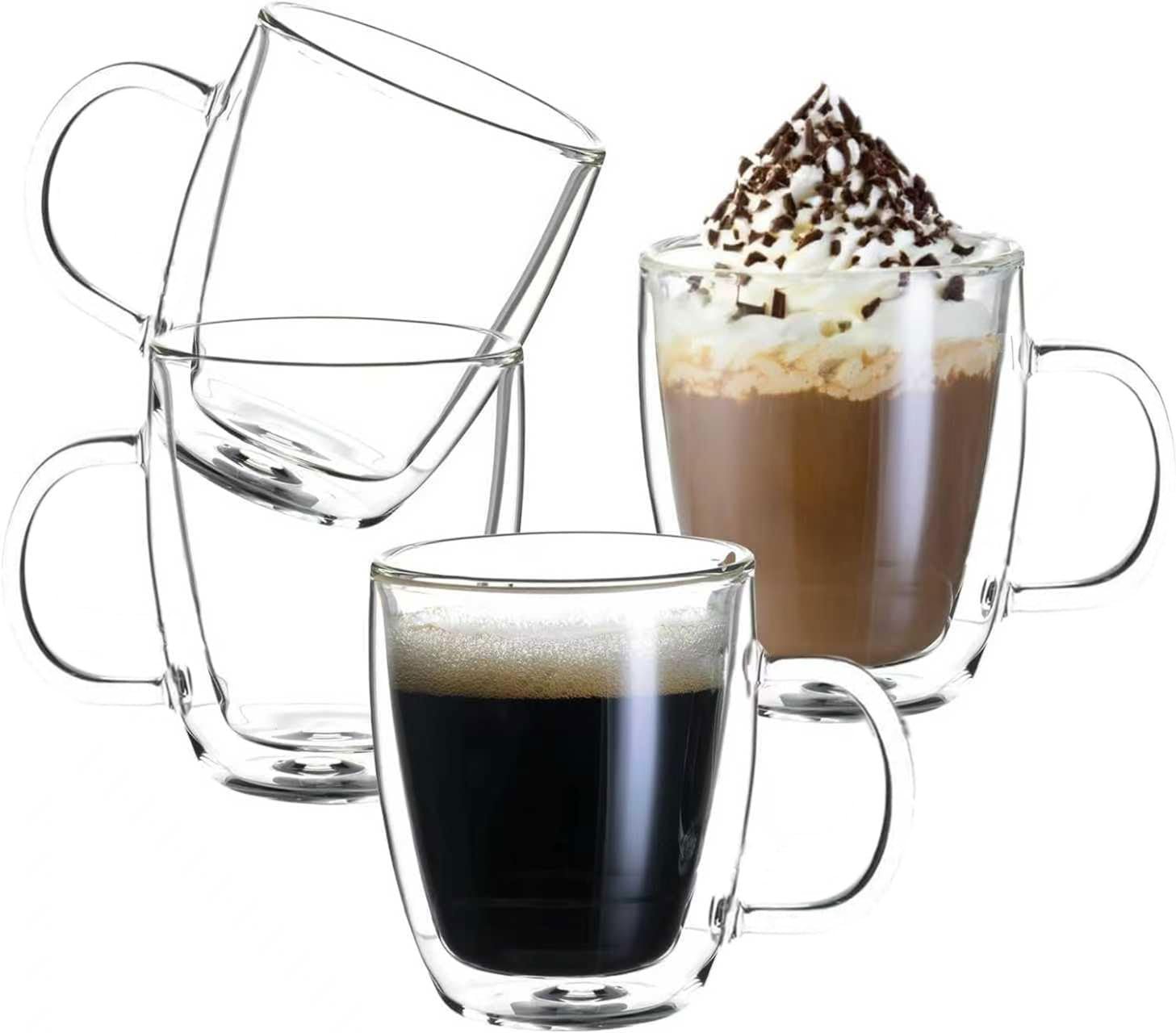 Double Wall Insulated Glass Coffee Mugs set of 4-13 oz Clear Hand Blown Glass Coffee Cups with Handle for Cappuccino, Latte,Espresso,Tea Bags,Americano,Beverages, Gifts for Christmas