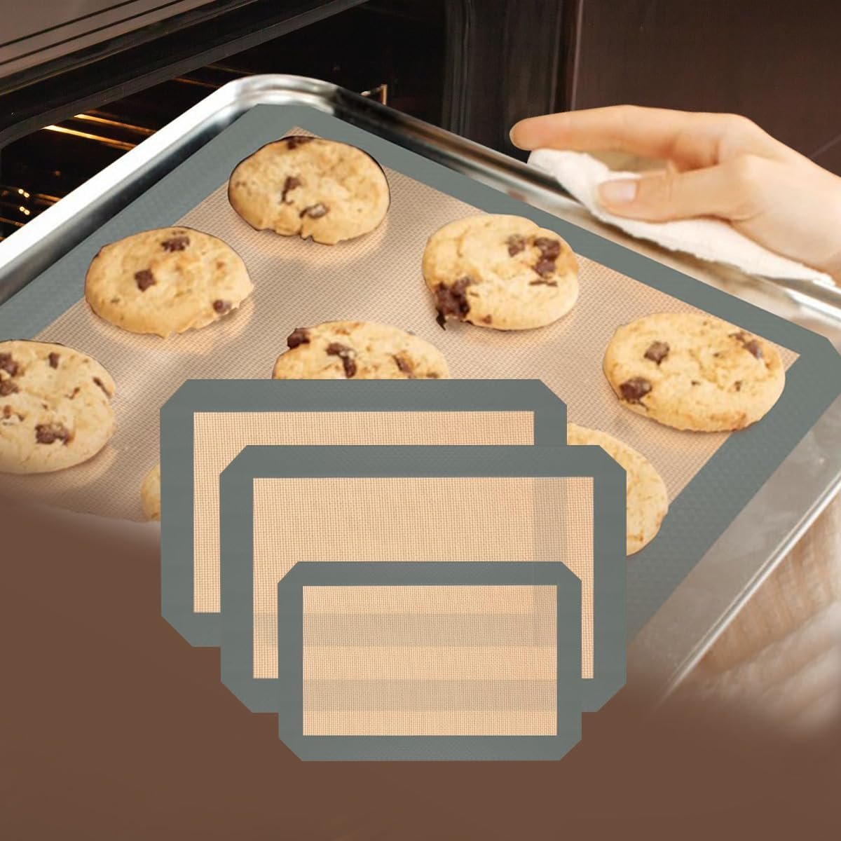 Silicone Baking Mat – Set of 3 Reusable Baking Mat Non Stick Silicon Cookie Oven Liner for MakingCookies, Macaroons, Bread, Cake and Bread Making (Grey 0.4mm)