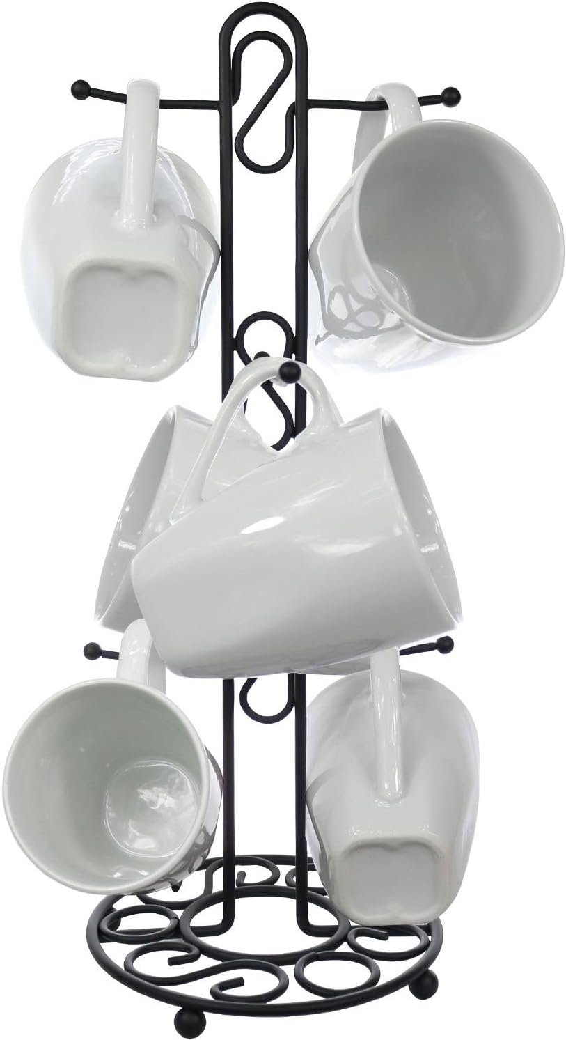 Blue Donuts Farmhouse Coffee Mug Rack, Coffee Mug Tree for 6 Mugs, Coffee Cup Holders for Counter, Black Coffee Cup Holder Countertop Organizer for Kitchen, Vintage Mug Rack