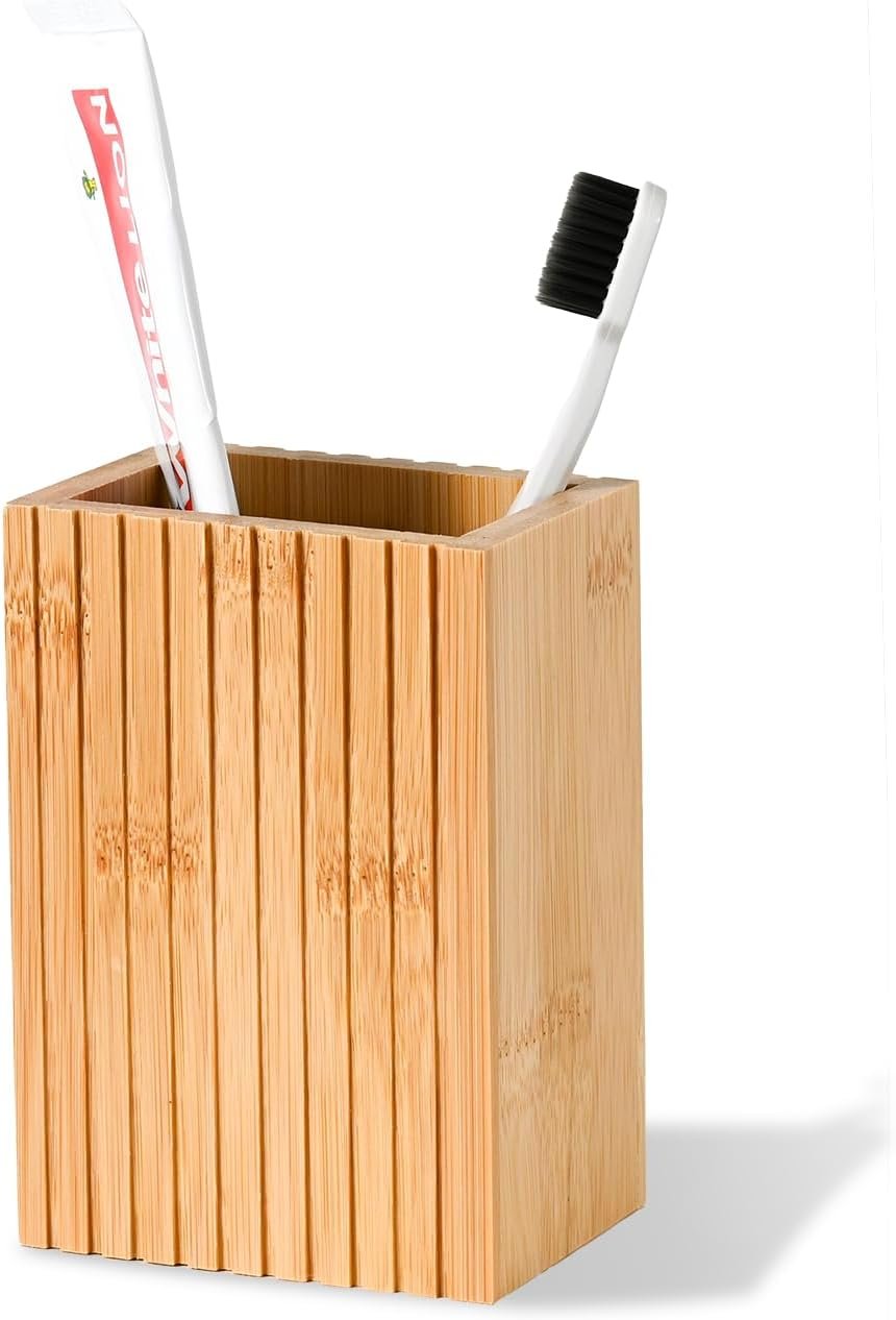 Natural Bamboo Toothbrush Holder, Fluted Square Design for Countertop, Multipurpose Pen Holder or Desktop Organizer, Natural