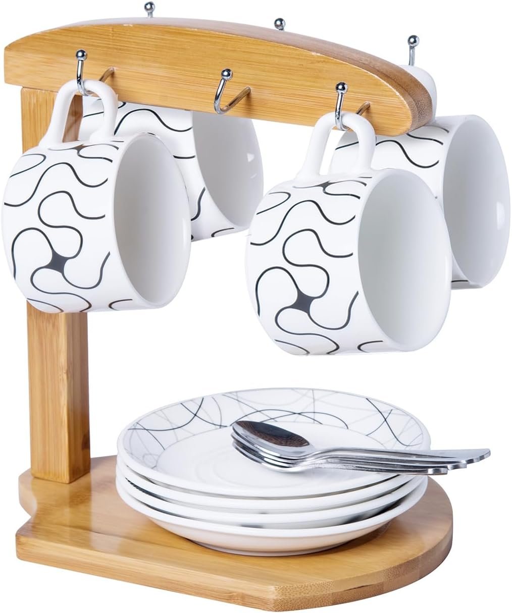 Coffee Mug Tree – Bamboo Mug Holder Hanger Stand for Countertop with Dish Tray Holder, Coffee Cup Rack café Organizer Espresso Shelf for Kitchen Counter Cabinet Station