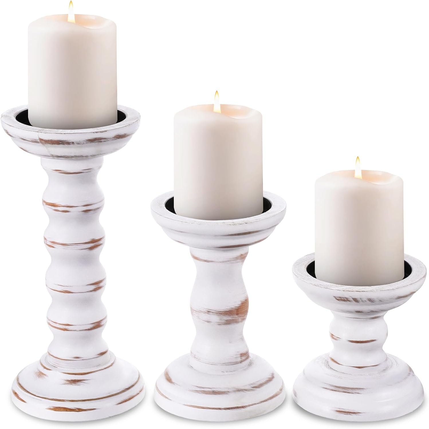 Rustic Candles Holder Set of 3 Farmhouse Wood Candle Holders Rustic Wooden Candle Stand Decorative Wood Candlestick Holdersfor Living Room, Table Centerpiece Dining Fireplace(White)