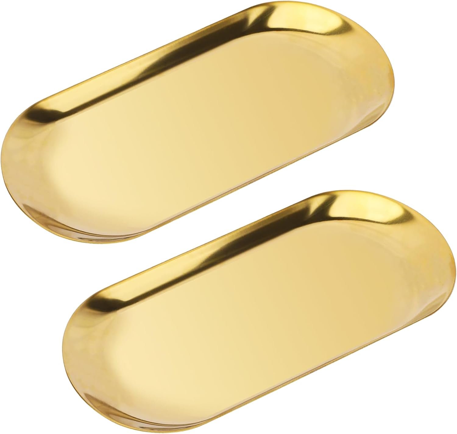 2 PCS Gold Stainless Steel Decorative Tray, 7-Inch Oval Jewelry Dish and Vanity Organizer for Bathroom, Towels, and Small Items