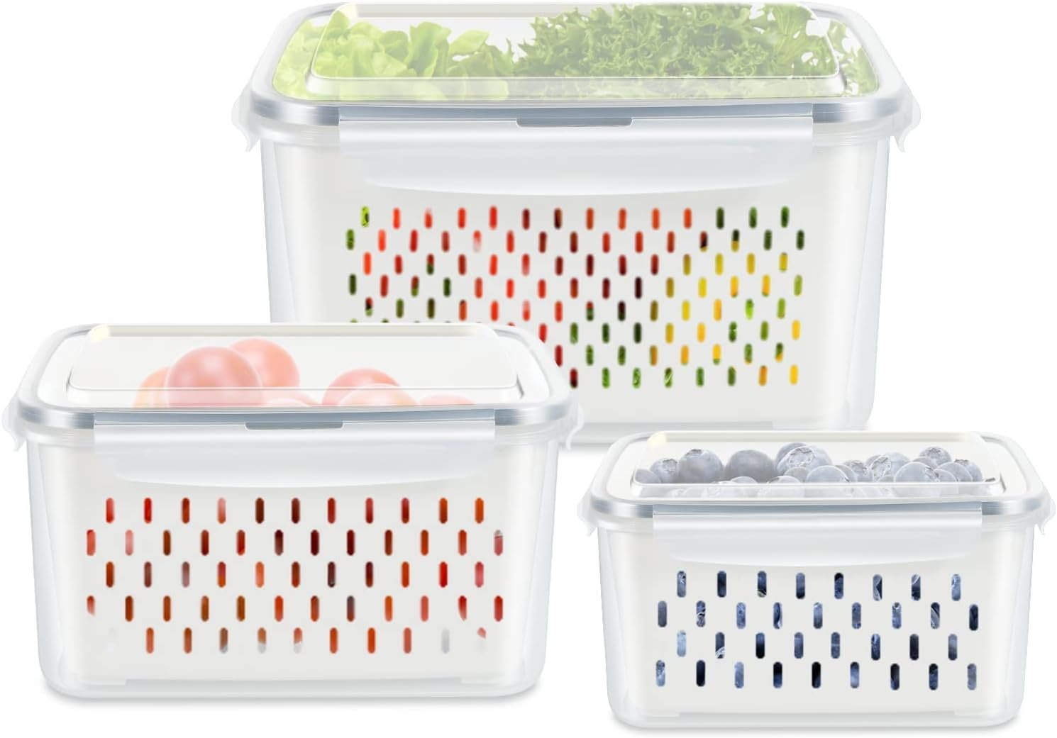 3 Pack Fruit Storage Containers for Fridge, Produce Saver Vegetable Container with Drain Colanders – Refrigerator Organizer for Lettuce Berry Keepers