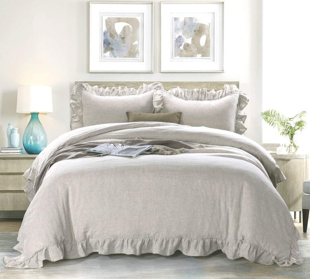 MEADOW PARK 100% Stone Washed Linen Duvet Cover Set 3 Pieces, Queen Size 90 inches x 92 inches, Shams 20 inches x 26 inches, Ruffled Style, Button Closure, Corner Ties, Super Soft, Solid Natural color