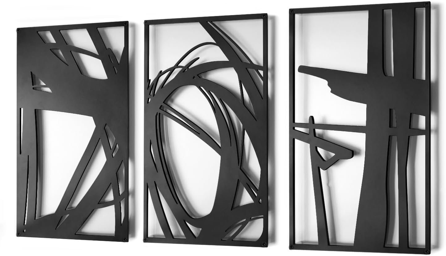 Pinetree Art Modern Abstract Metal Wall Art – Minimalist Geometric Line Design Black 3D Textured Wall Sculptures for Living Room Bedroom Hallway – Contemporary Home Decor (Abstract, Black, 16L x 11W)