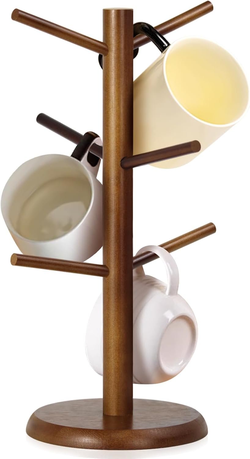 Mug Holder Tree,Coffee Cup Tree for Counter with 6 Hooks, Mug Holder for Counter Top，Coffee Bar Accessories and Decor，Jewelry Pendant(Brown)