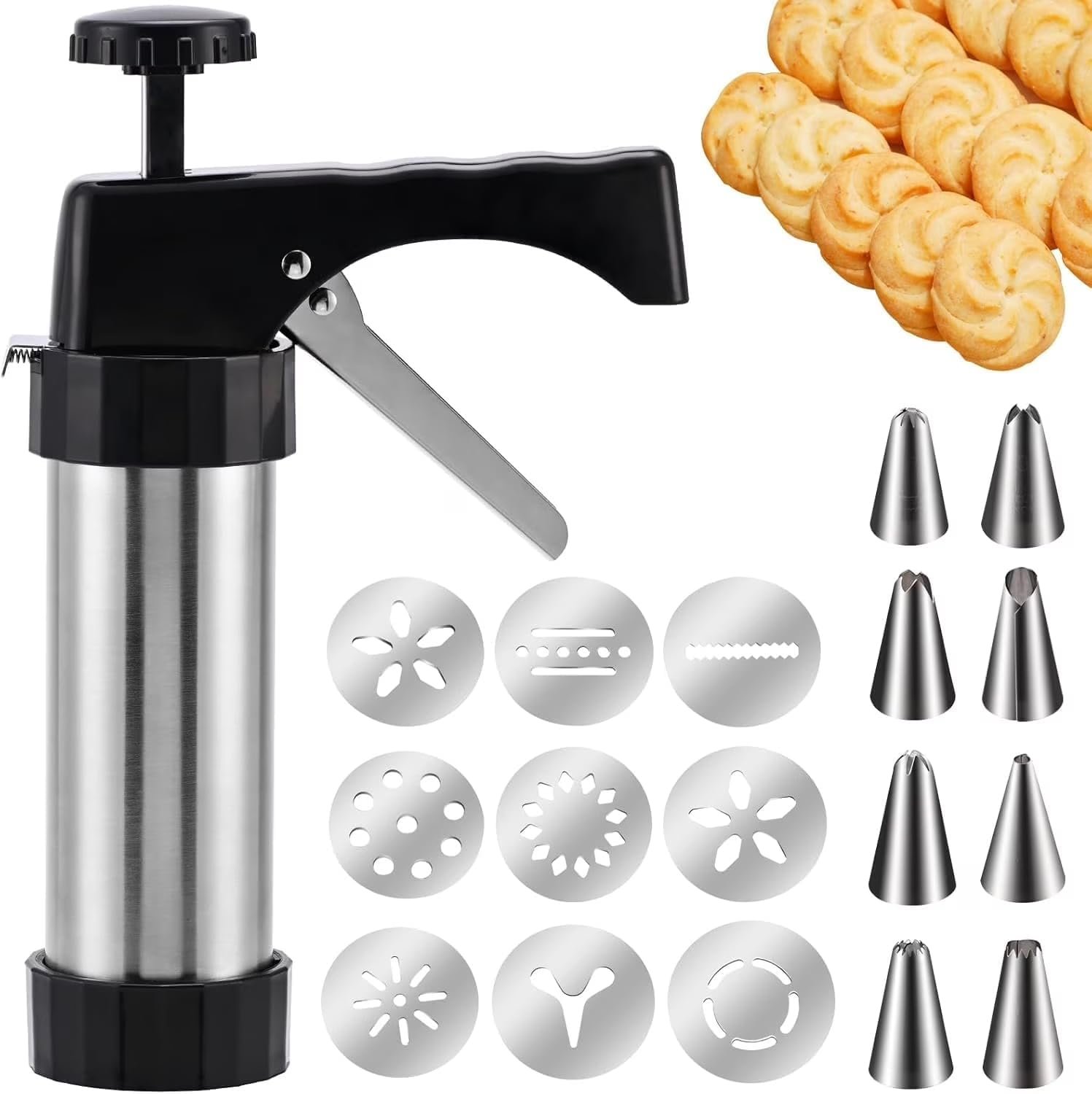 22pcs Cookie Press Gun Kit with 13pcs Flower Shape Disc and 8pcs Piping Nozzle for DIY Cake Maker Decorating Baking Supplies