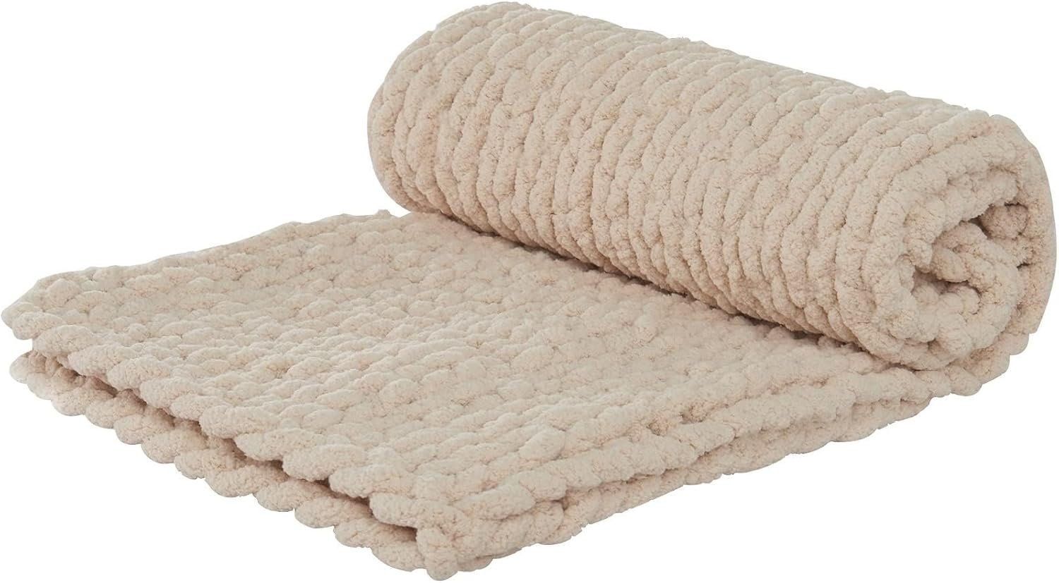 Chunky Knit Throw Blanket for Couch Sofa Bed Living Room Home Decor, 100% Knitted Thick Chenille Yarn, Cozy Soft Large Rope Knot Knitting Blankets, 40×40 inches, Beige