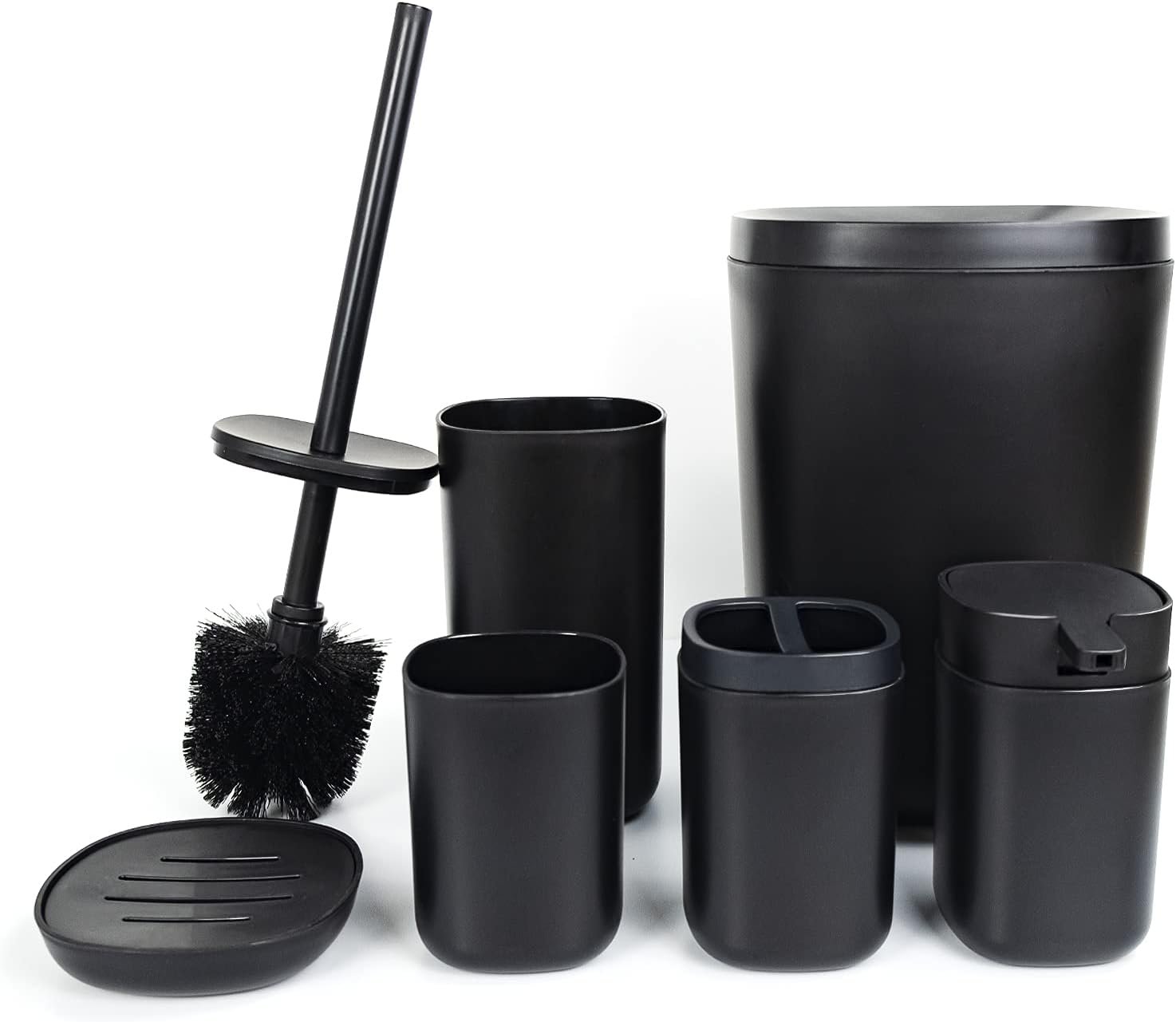 Bathroom Accessories Set of 6 Complete, Toothbrush Holder, Soap Dispenser, Garbage Trash Can, Soap Dish, Toothbrush Cup and Toilet Brush Holder, Black