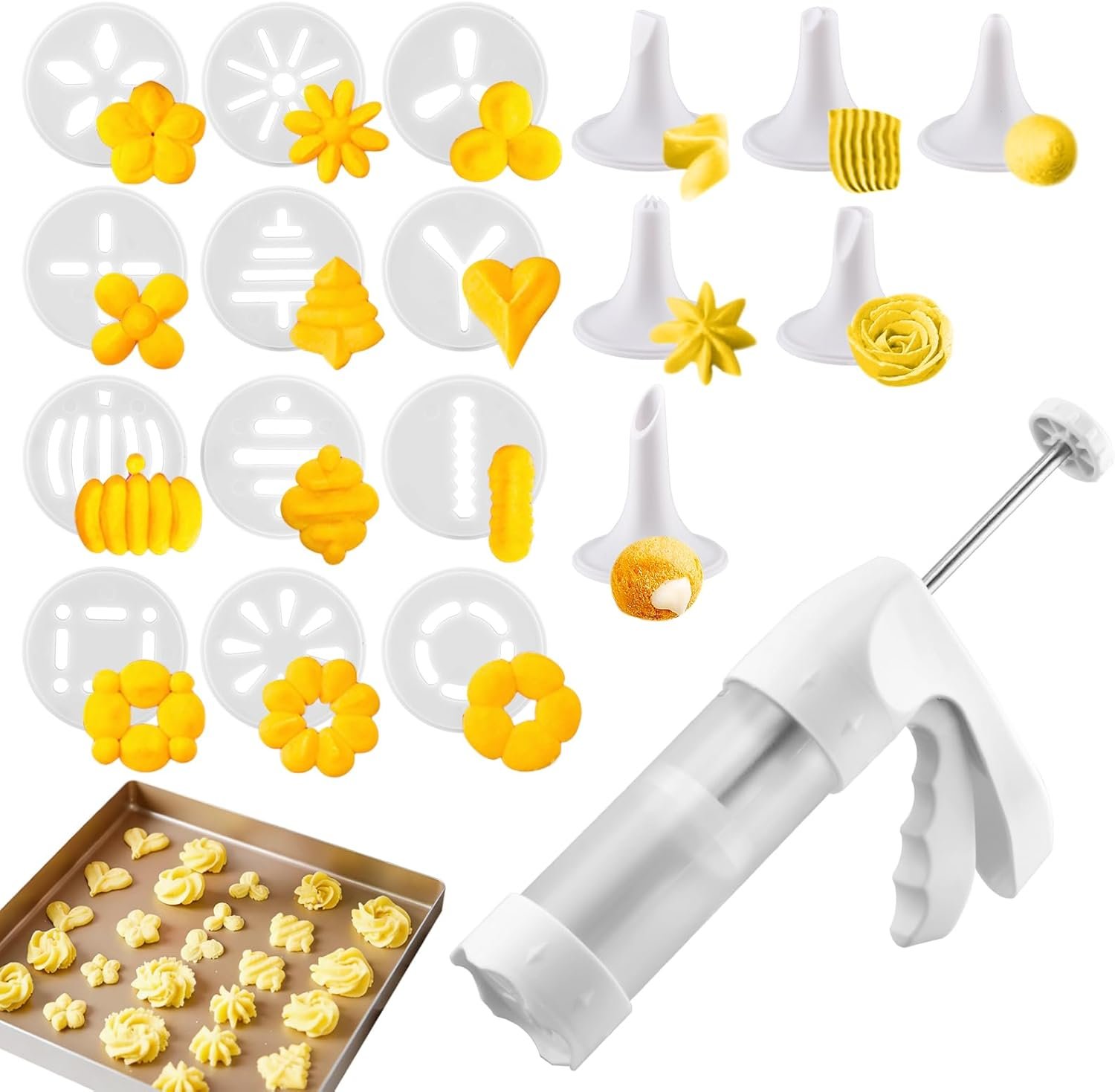 Cookie Press Gun Kit with 12 Discs & 6 Piping Tips, Spritz Cookie Maker Easy Squeeze for Baking, DIY Biscuit Maker and Cake Icing Decoration