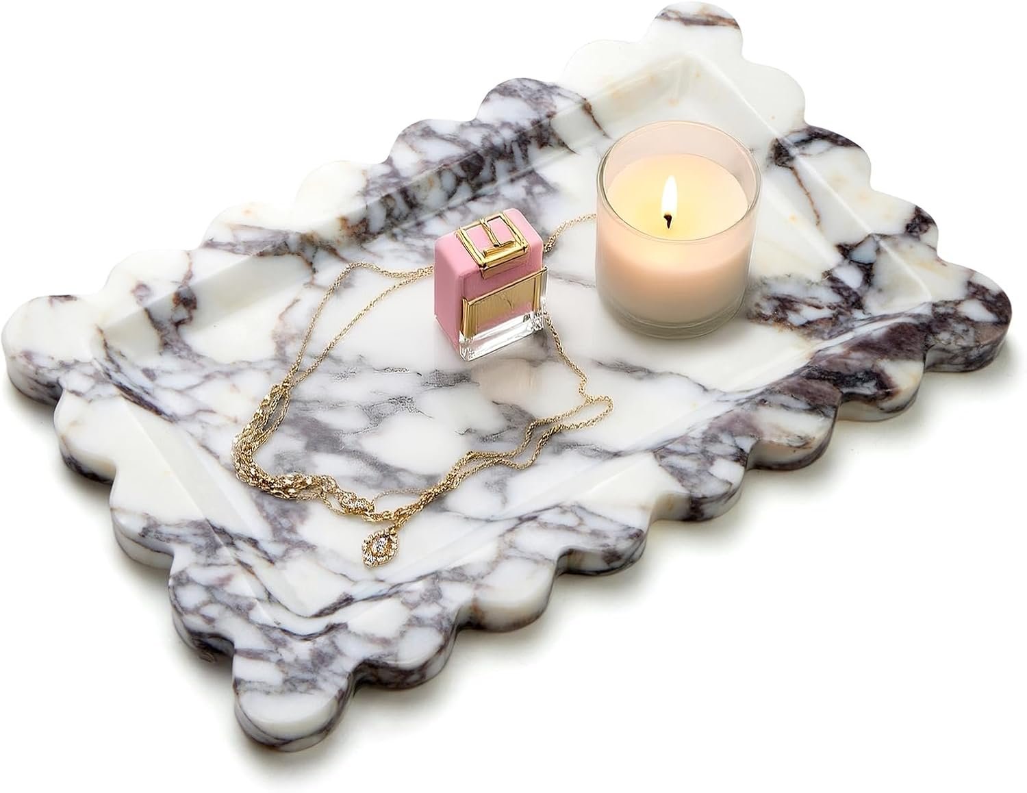 Calacatta Viola Natural Marble Tray, Scalloped Bathroom Tray, Luxury Decorative Trays for Bathroom, Vanity, Dresser, Kitchen & Home Decor, Valentine’s Day House Warming Gifts New Home(Rectangle)