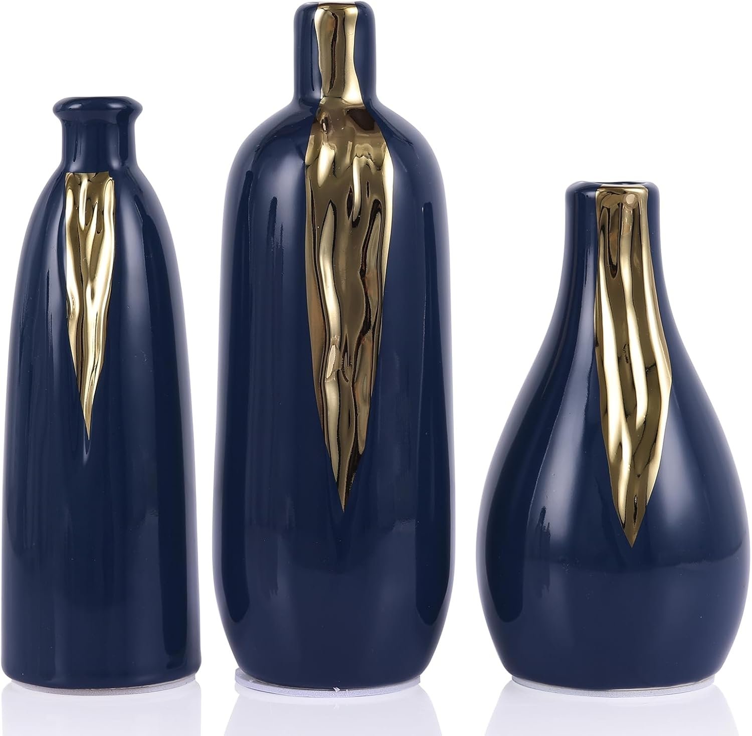 Ceramic Decorative Vases Set of 3, Blue and Gold Vases for Home Decor, centerpieces on Modern Farmhouse Living Room Table Shelves, Office Bookshelf Decorations and Ornaments.
