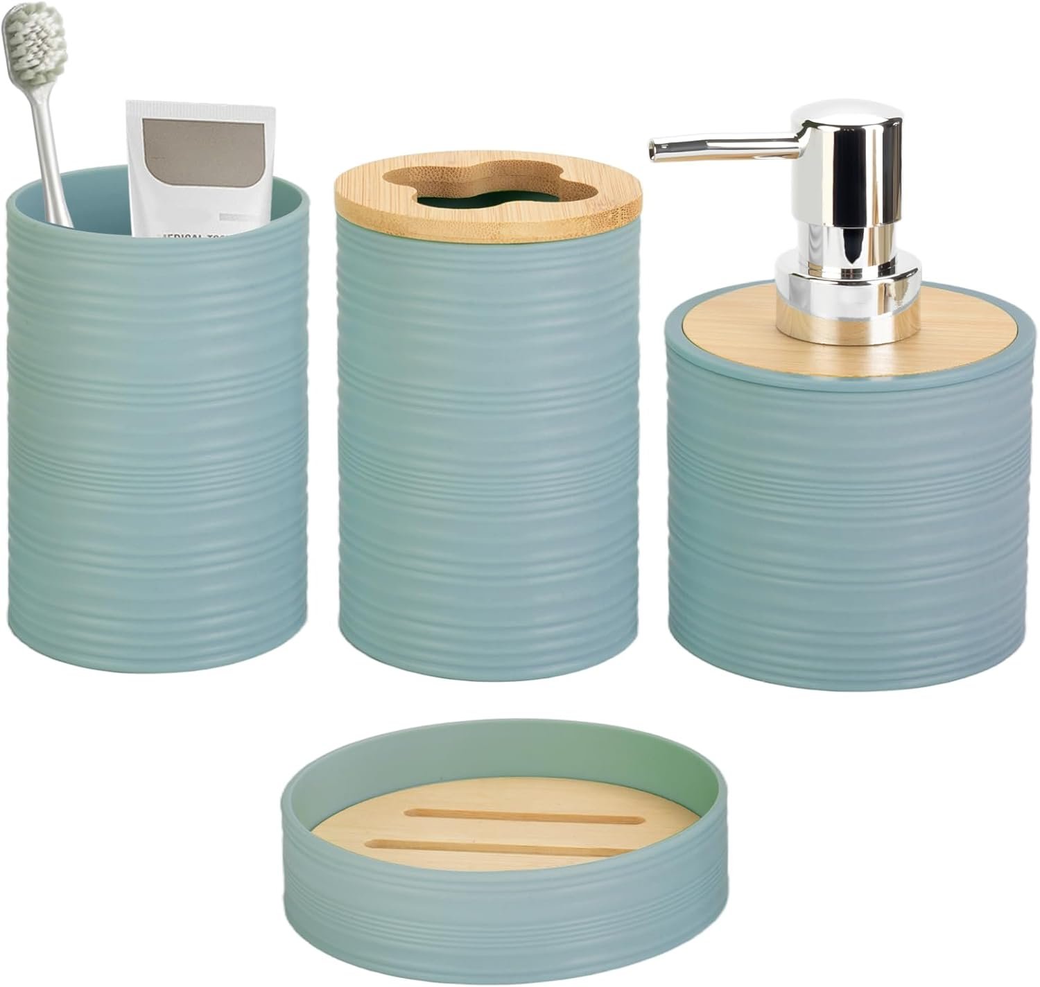 4 Pieces Bamboo Bathroom Accessories Set, Bathroom Accessory Set with Soap Dispenser and Toothbrush Holder, Soap Dish and Toothbrush Cup, Boho Bathroom Decor(Aqua)