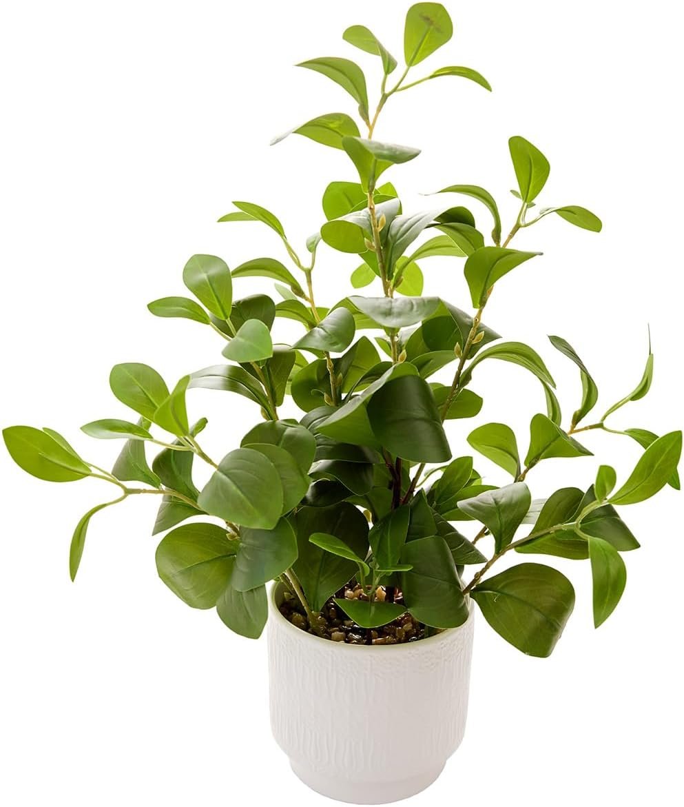 19” Artificial Ficus Plant in White Textured Ceramic Pot Realistic Faux Greenery with Lifelike Leaves Fake Plants for Indoor Home Office Bathroom Shelf Desk Tabletop Decor
