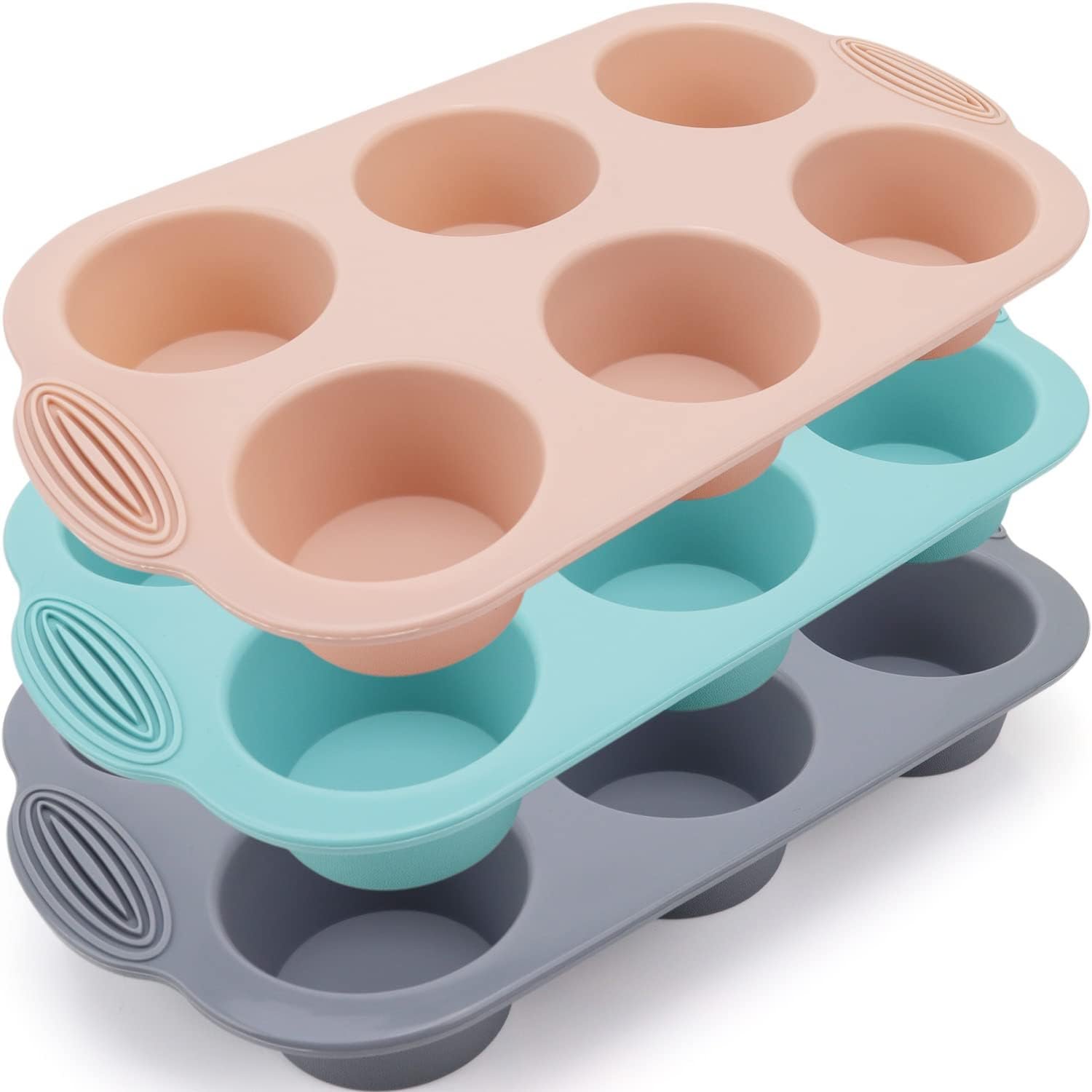 Silicone Muffin Pan – 6-Cavity Nonstick Baking Tray for Muffins, Cupcakes, Brownies and More – Food Grade and BPA Free – Pack of 3 Colors (Gray, Orange, Peacock Blue)