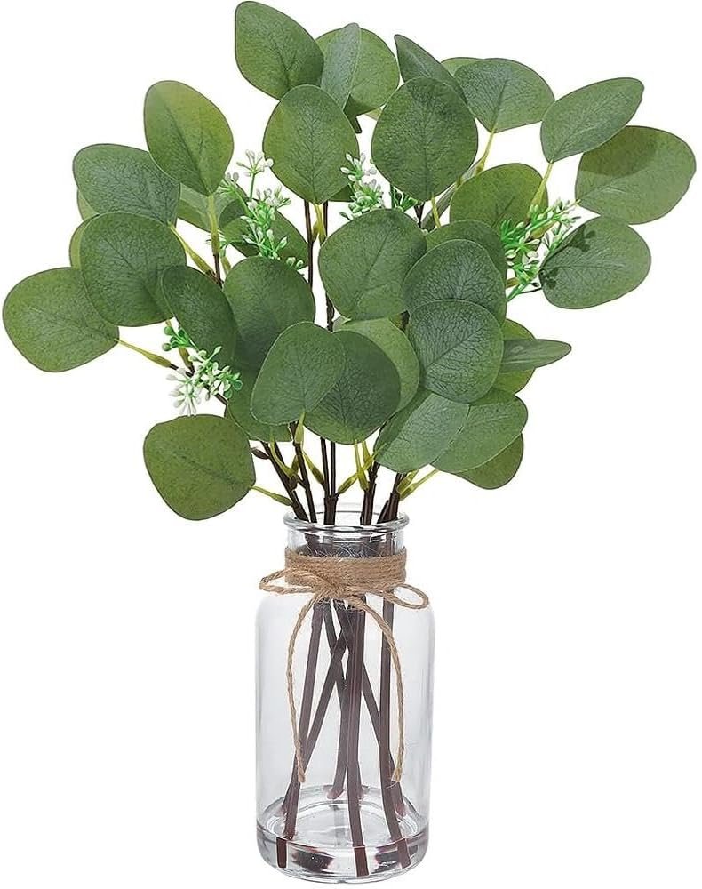 Zhuqing Artificial Eucalyptus Stems in Glass Vase with Faux Water, 14″ Fake Plant Eucalyptus Leaves for Home Bathroom Office Farmhouse Wedding Centerpiece Decoration(White Green)