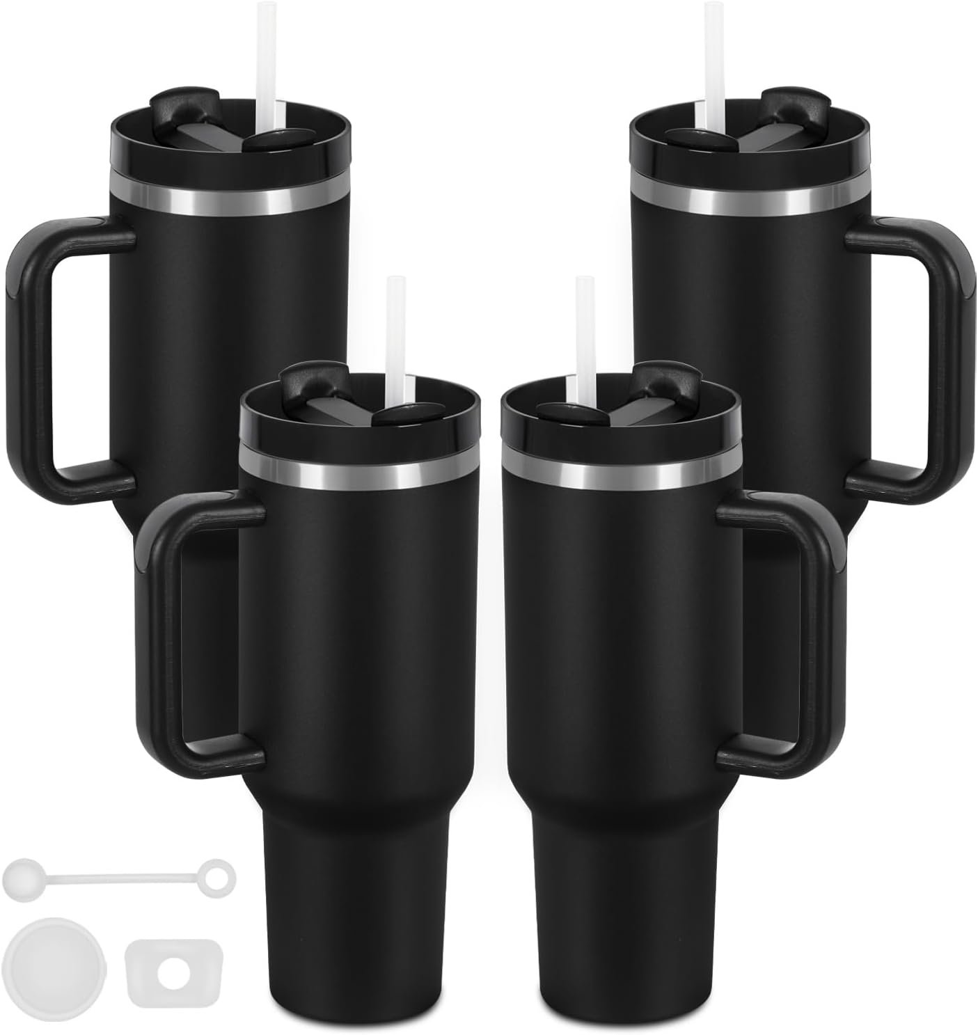 4 Pack 40 Oz Tumbler with Handle Bulk, Double Wall Vacuum Insulated Stainless Steel Tumbler with Lid and Straw, 40 oz cup with Silicone Spill Proof Stopper Set (Black)