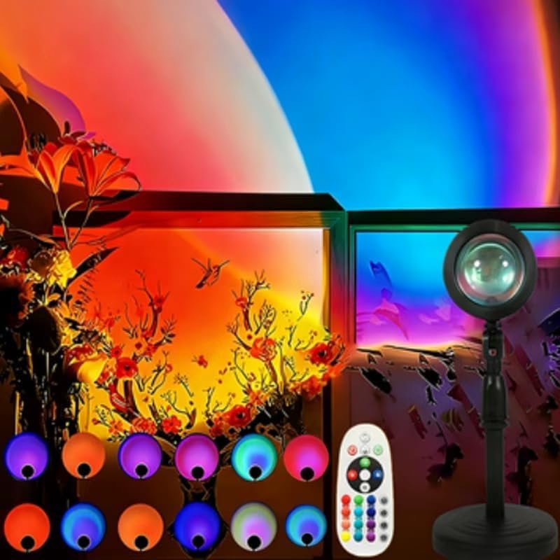 Sunset Lamp Projector with Remote Control Adjustable 16 Color 180 Degree Rotating Sunlight 4 Lighting Modes USB Rechargeable LED Night Light Ideal for Bedroom Living Room Selfie Party and Photography