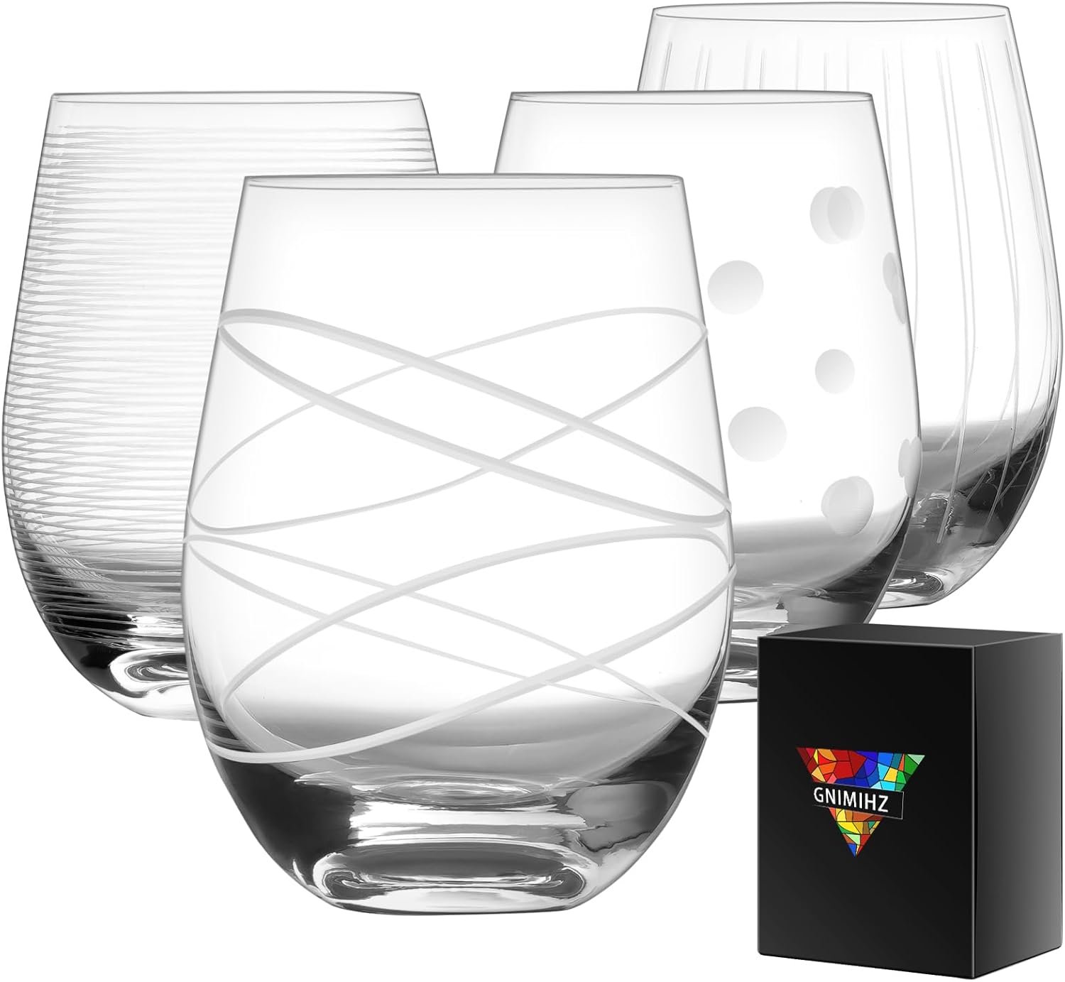 Etched Stemless Wine Glasses for Red or White Wine (Set of 4), 18-Ounces, Large Wine Glasses for Cabernet, Pinot Noir, Burgundy, Bordeaux, Clear, Etched