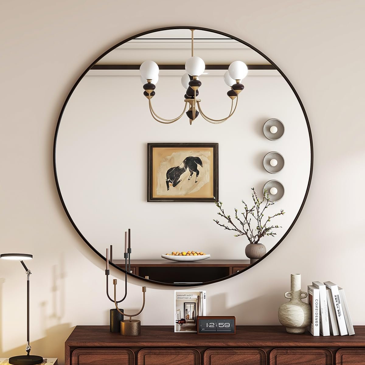 Black Round Mirror, 24 Inch Circle Bathroom Mirror with Metal Frame, Wall-Mounted for Entryway, Bathroom, Vanity, Living Room