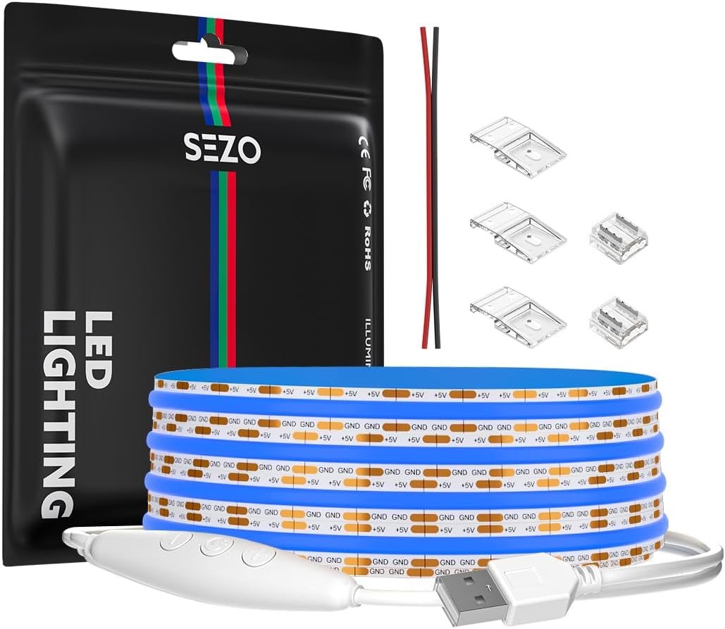 SEZO 5V USB COB LED Strip Lights with Dimmable Switch Blue Light 6.56FT 320Leds/M FCOB Flexible Light Strip for Bedroom Under Cabinet Kitchen DIY TV Backlight