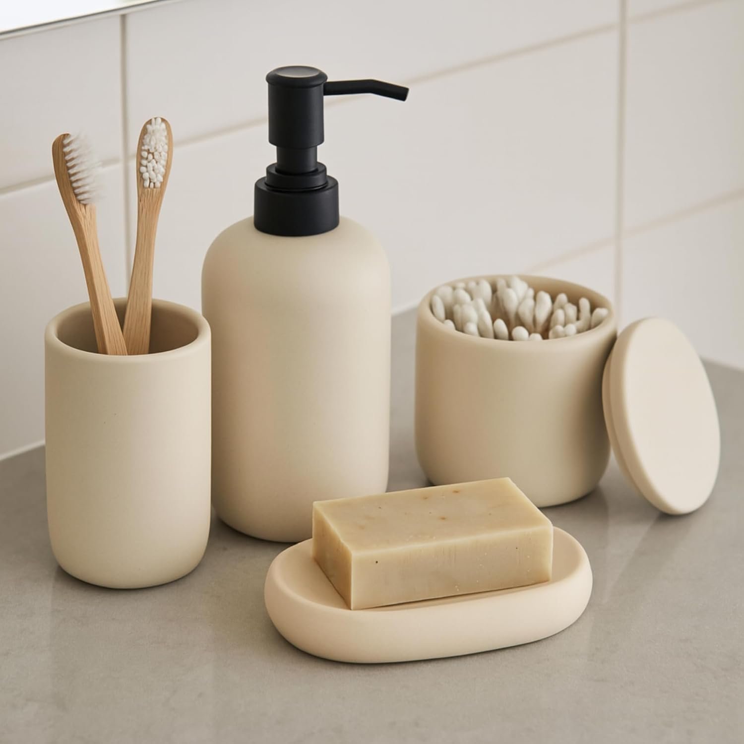 Ceramic Bathroom Accessories Set 4 Pcs – Modern Scandinavian Neutral Bathroom Soap Dispenser Set with Toothbrush Holder, Soap Dish & Cup – Minimalist Bathroom Accessory Set Decor – Cream/Light Beige