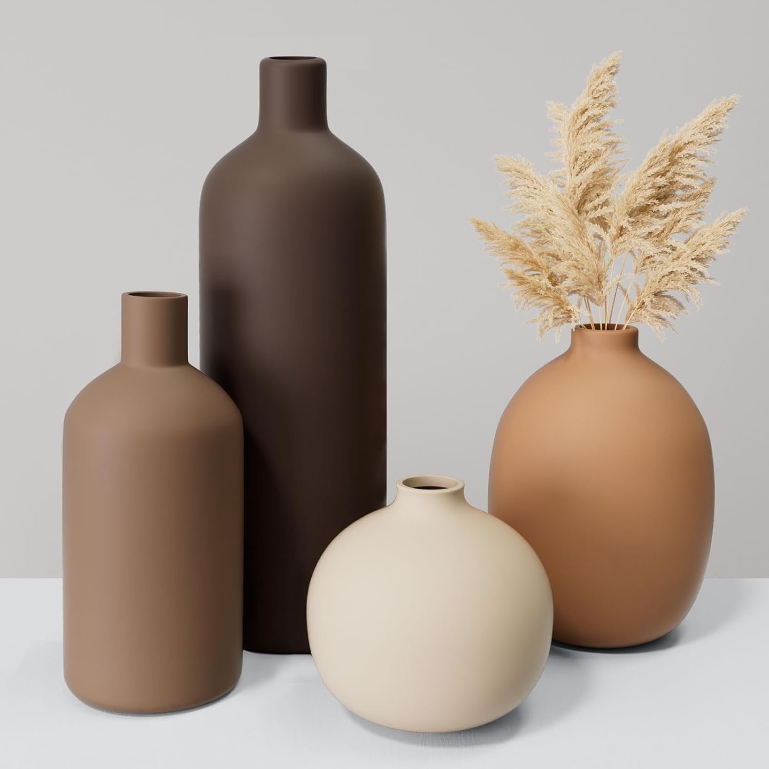 Ceramic Vase Set of 4, Decorative Neutral Modern Flower Vases for Home Decor, Living Room, Shelf Decor, Bookshelf, Kitchen, Centerpiece, Table, Bedroom, Office, Farmhouse