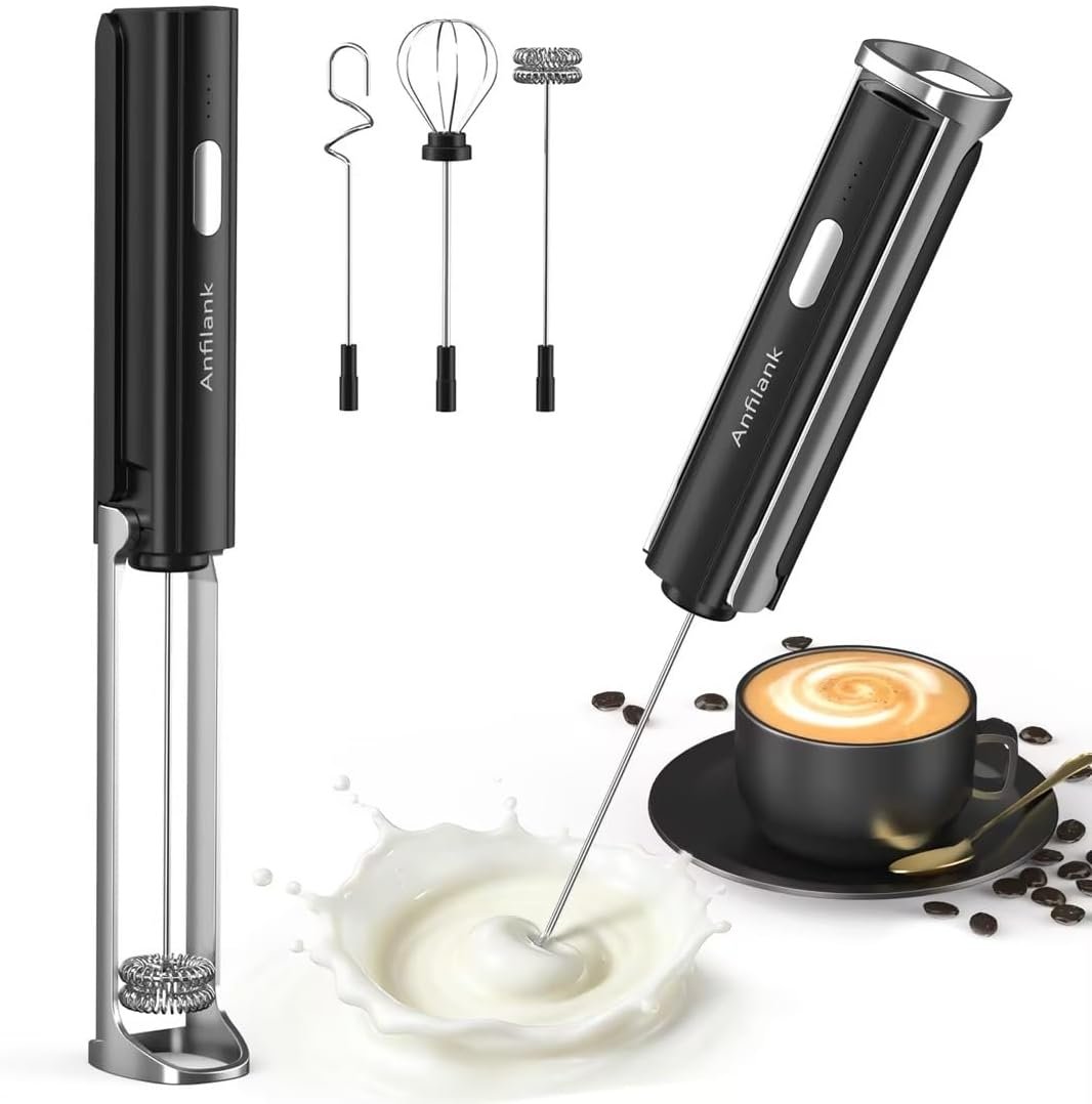 Handheld Milk Frother Wand with Folding Stand, Rechargeable Electric Whisk with 3 Speeds & 3 Stainless Heads, Milk Foam Maker with Stand for Latte, Cappuccino, Hot Chocolate, Egg