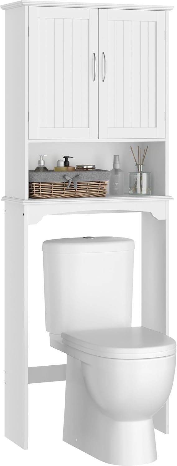 Yaheetech Over The Toilet Cabinet, Double Door Bathroom Storage Organizer, Toilet Rack with Inner Adjustable Shelf and Open Storage Shelf, White