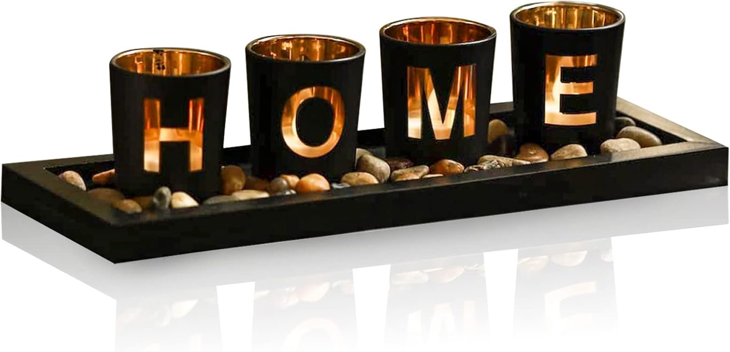 MrMrKura Home Decorative Candle Holder Set, 4 Glass Tea Light Candleholders with Wooden Candle Holders Tray, Natural Pebbles for Home Decor Table Decorations Centerpiece