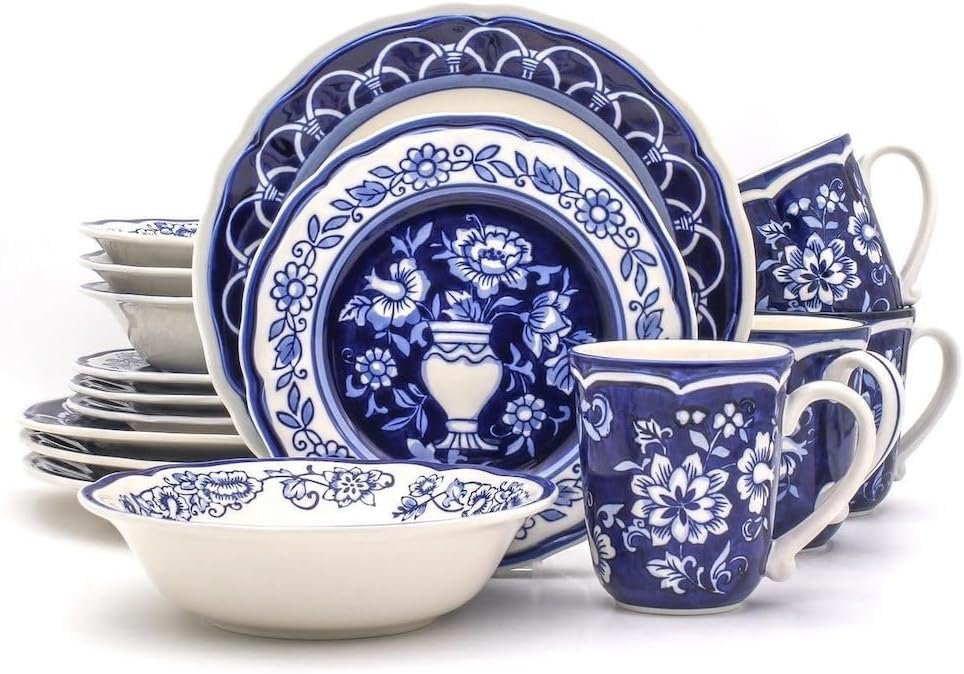 Euro Ceramica Blue Garden 16 Piece Oven Safe Hand Painted Stoneware Dinnerware Set, Service for 4, Bold Vase Design/Floral Pattern, White and blue