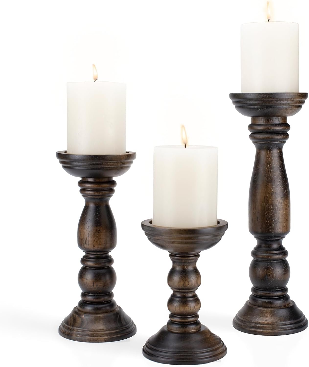 Farmhouse Wooden Candle Holders for Pillar Candles Set of 3, Rustic Wood Candle Holder Table Centerpiece Decor, 12” 9” 6” Vintage Tall Candle Stand Decorative, Dark Brown