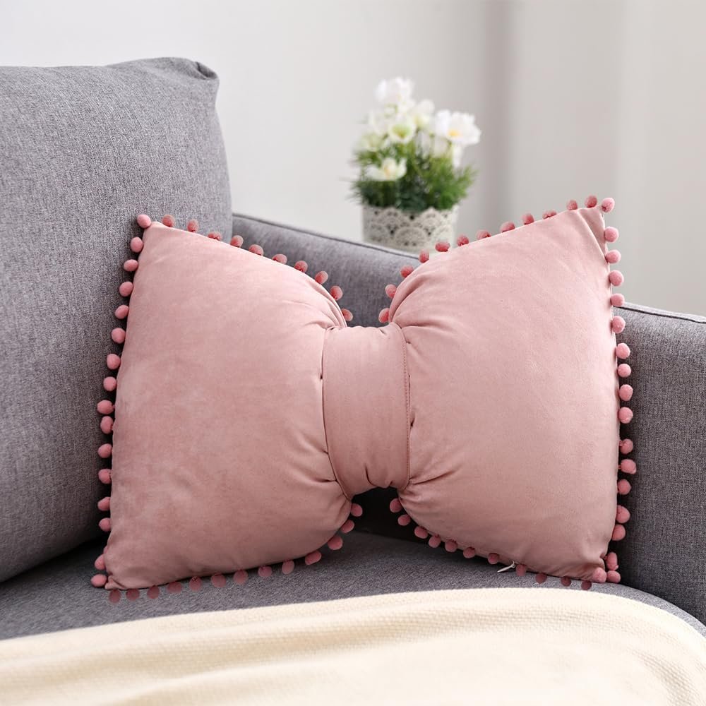 Boho Decorative Throw Pillow Covers with Pom Poms Soft Velvet Pillow Cases Bow Lumbar Pillow Covers 14 x 20 Cushion Case for Bed Couch Living Room Decor Dusty Pink