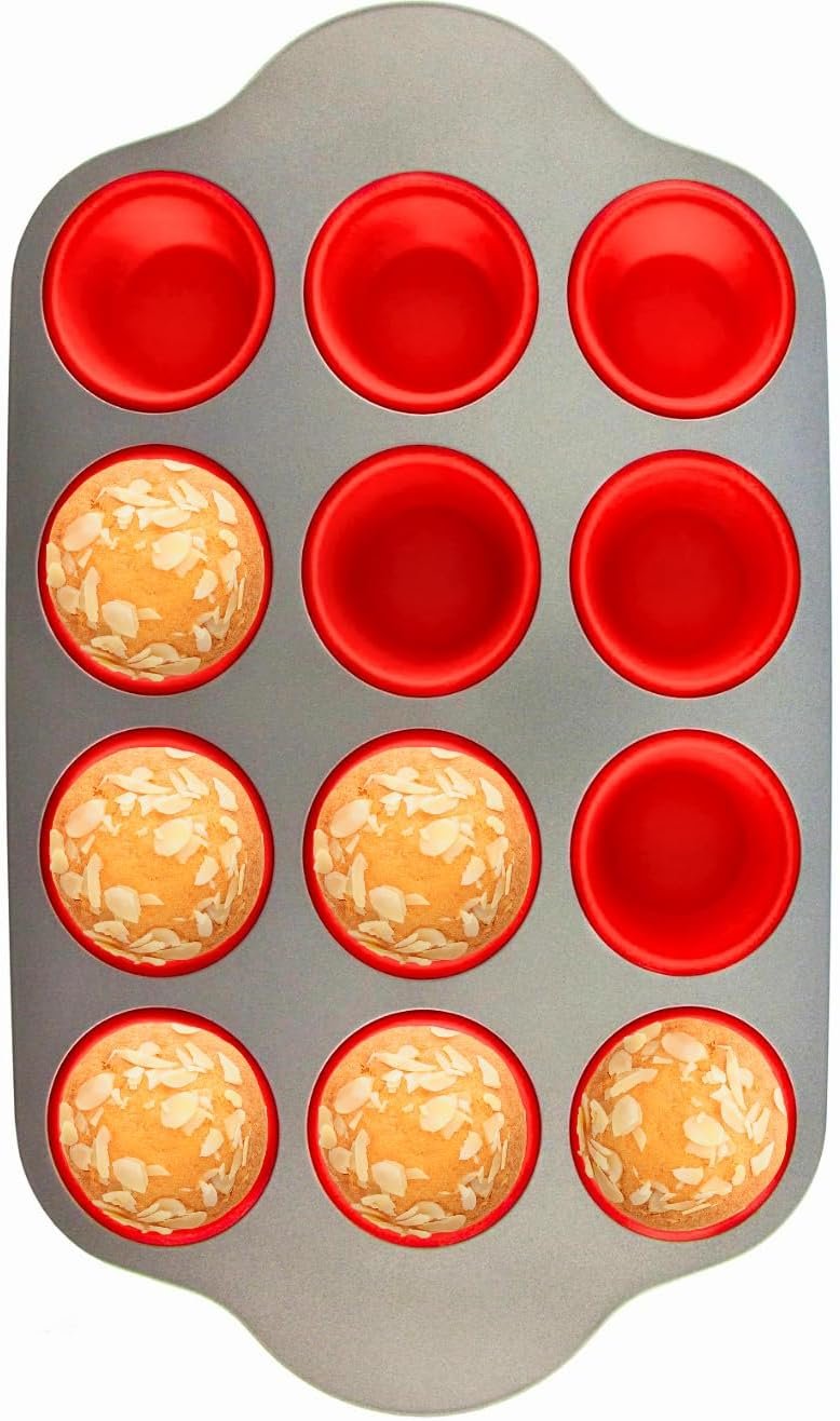 Boxiki Kitchen Non-Stick 12 Cup Silicone Muffin Pan with Steel Frame – BPA Free, Non-Toxic, Anti-Warp, Durable & Easy to Pop Silicone Muffin Tin – Perfect Cupcake Pan