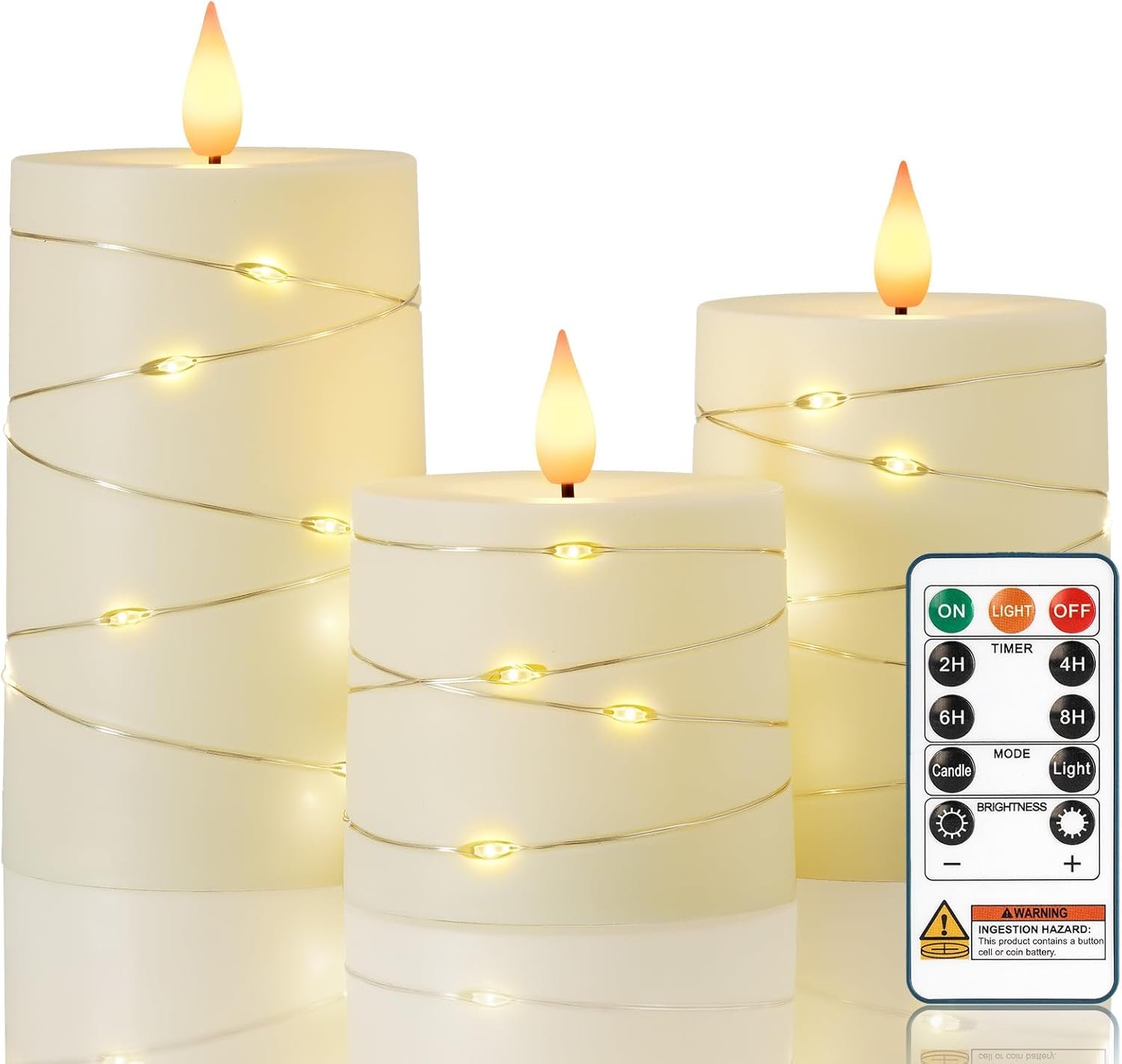 Raycare Flameless Candles with Remote Timer, Flickering Battery Operated LED Pillar Fake Candle with String Lights for Home Decor, Christmas, Wedding and Gift, Ivory, Set of 3