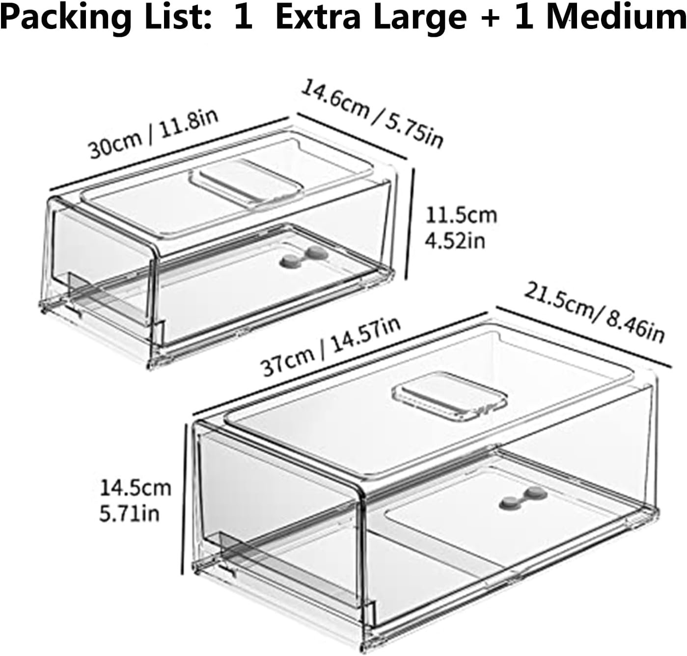 YekouMax Pantry Organizers and Storage Bins, Refrigerator Organizer, Plastic Stackable Storage Bins with Drawers, Pull-Out Cabinet Containers for Fridge Kitchen Office (2 PACK, Extra Large & Medium)